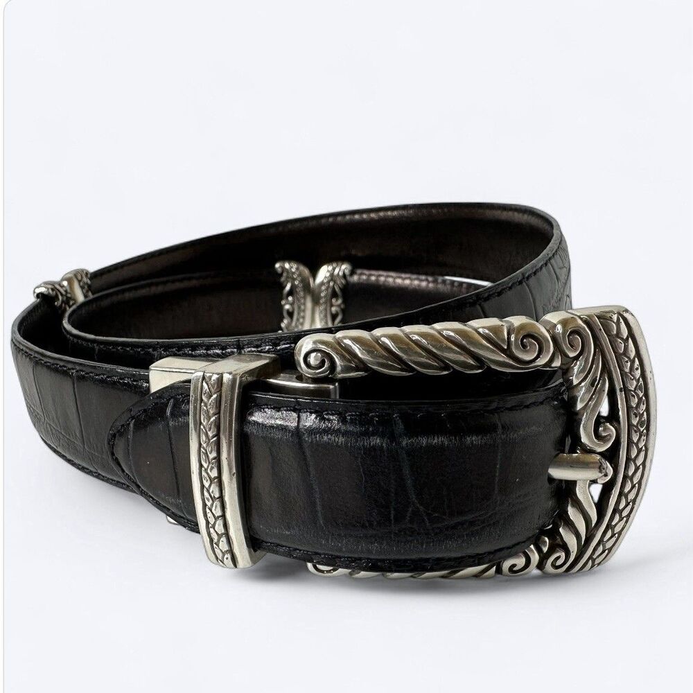 Western Turn Panel Leather Belt Black Embossed Smooth Silver Tone Scroll Buckle